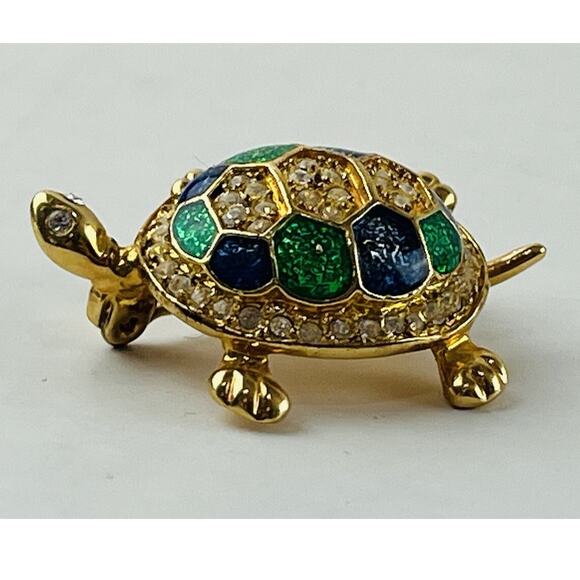 Vintage Turtle Pin Brooch Rhinestones Blue Enamel Shell 1.5" Pave Style Goldtone - Picture 10 of 10